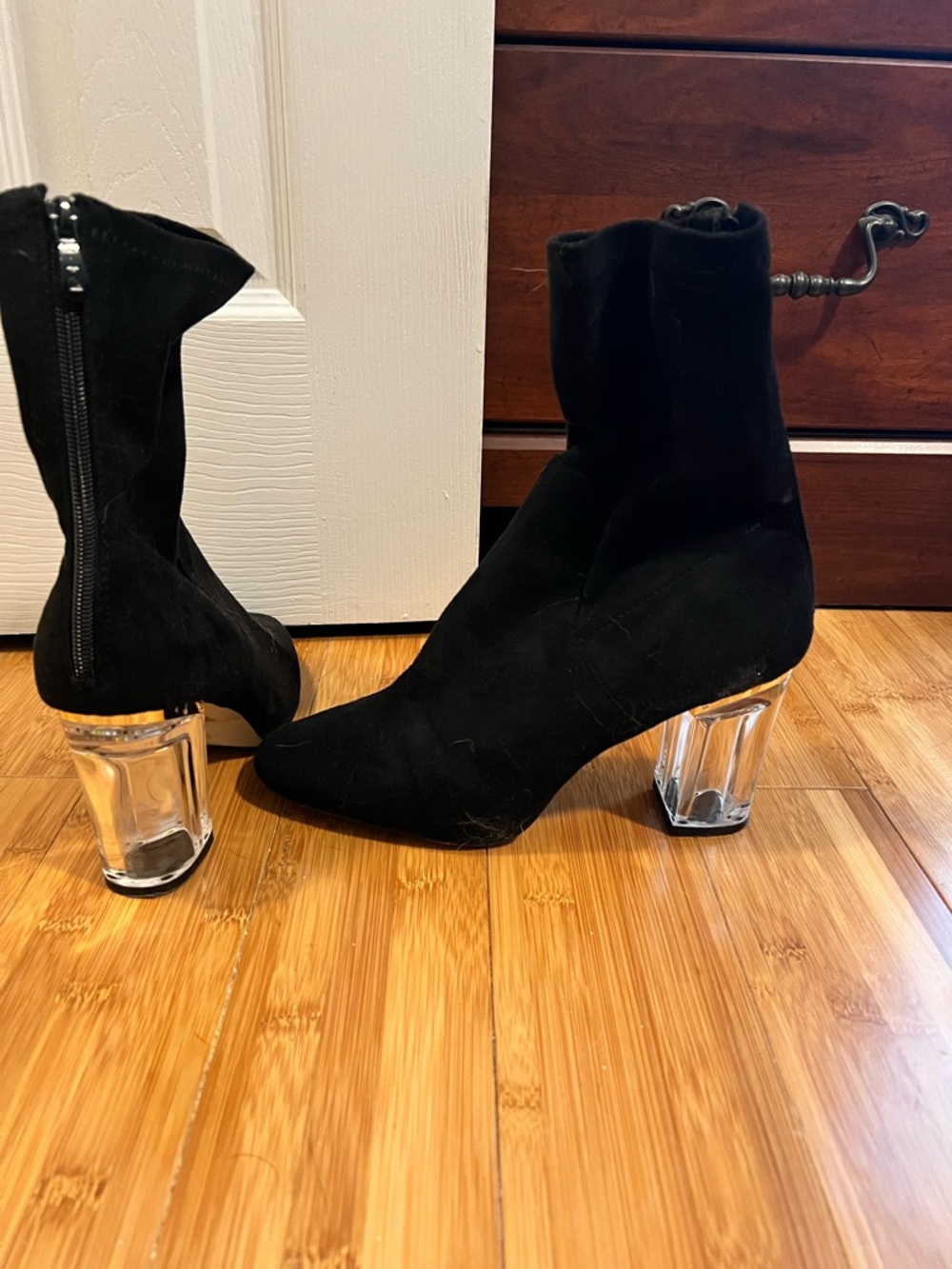 Public Desire Black Sock Ankle Boots with Clear Block Heels